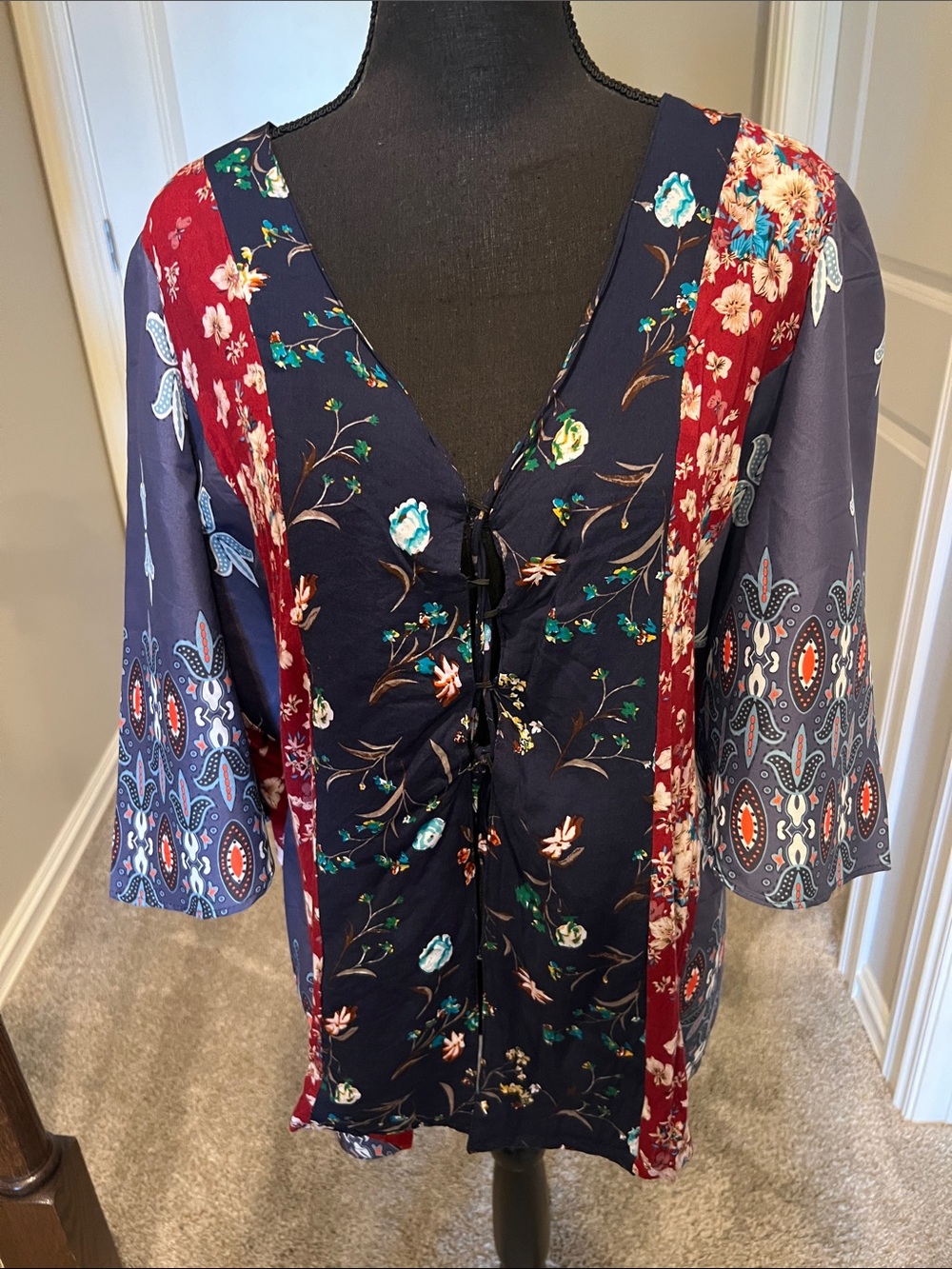 Reborn Navy, Burgundy & Light Blue Floral Tie-Front Tunic